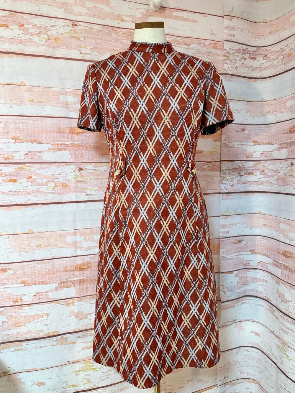 VINTAGE 60s Rust Diamond-Pattern Jacket & Dress Set - Picture 6 of 12